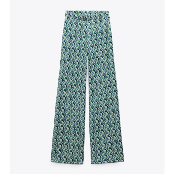 Zara Geometric Pattern Jacquard Knit Wide Leg Pants Green - Picture 12 of 12